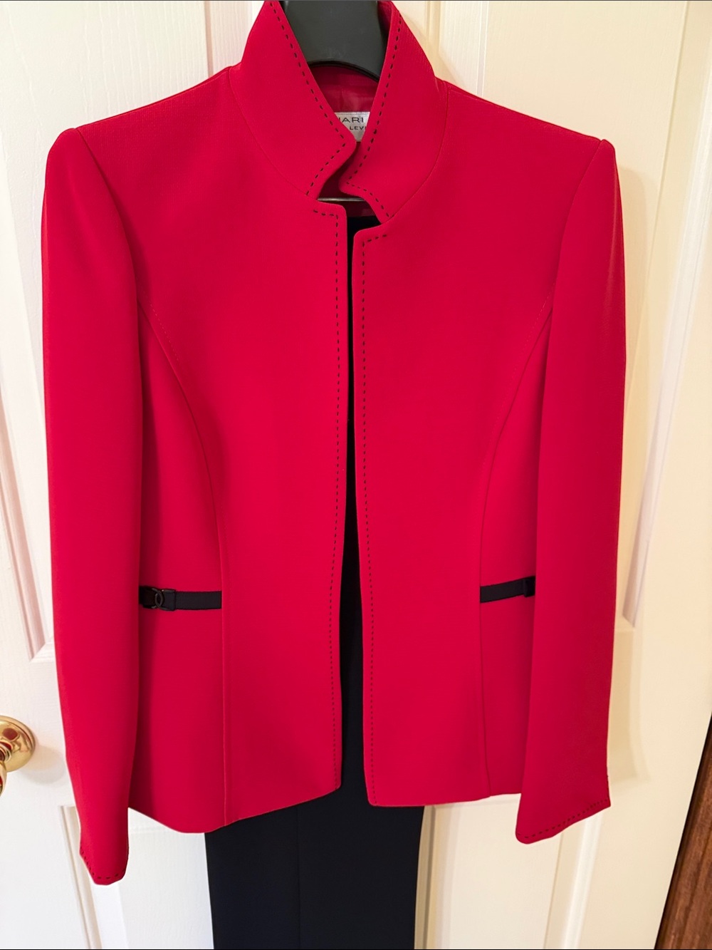 Tahari ASL Red Open-Front Blazer with Black Trim